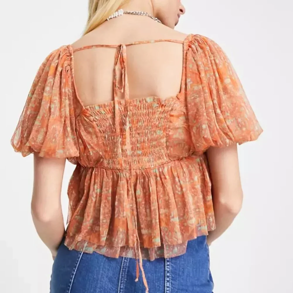 NWT Free People Penelope Printed Chiffon‎ Puff Sleeve Babydoll Crop Top Blouse S